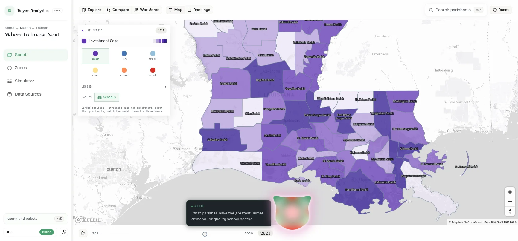 Interactive choropleth map of Louisiana parishes with 10+ metric layers and year slider (2007–2025).