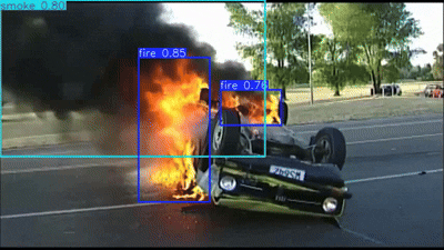 Real-time car fire detection demonstration showcasing the system's ability to detect vehicle fires with high accuracy