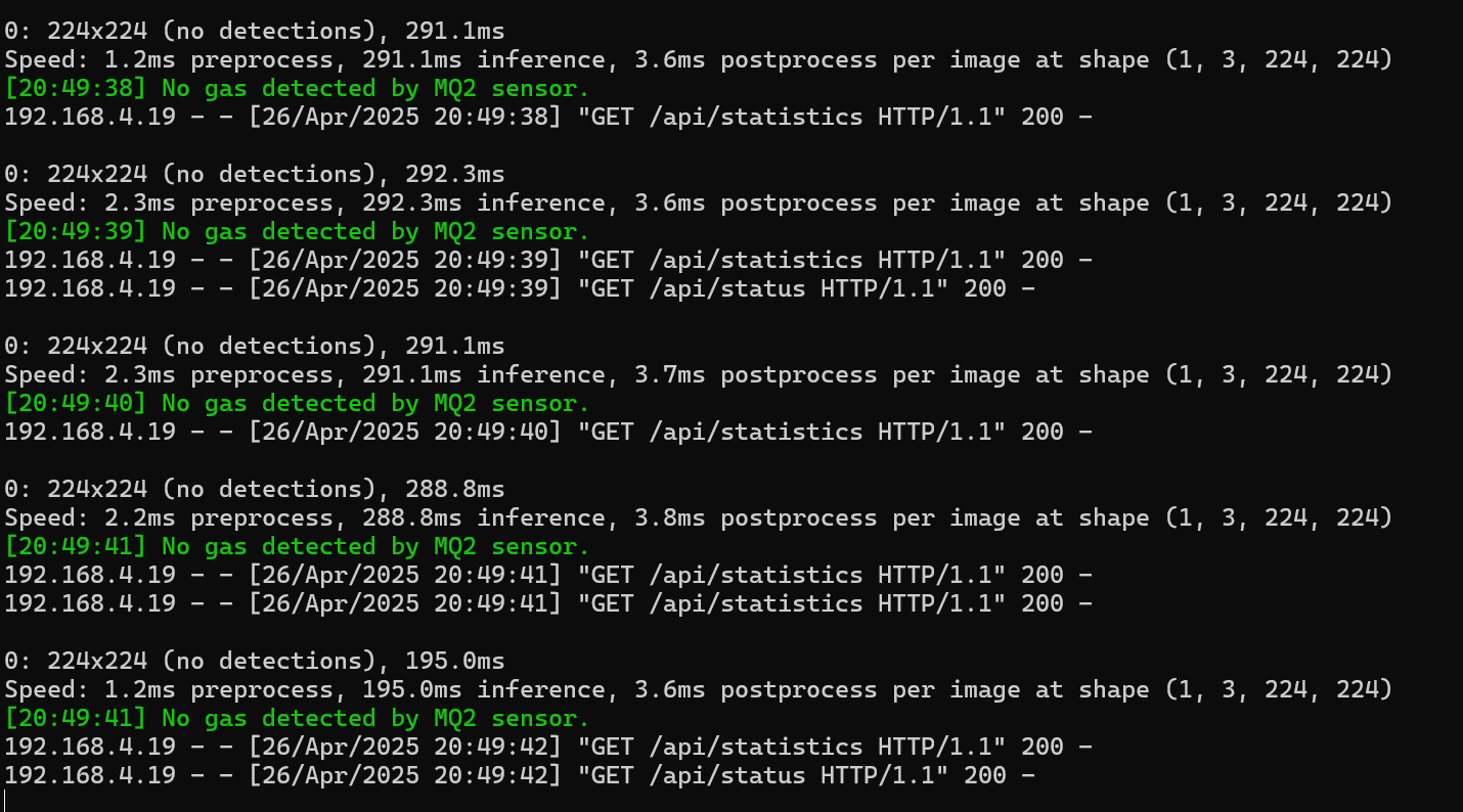 Terminal output displaying processing speed and frame rate performance on Raspberry Pi 4