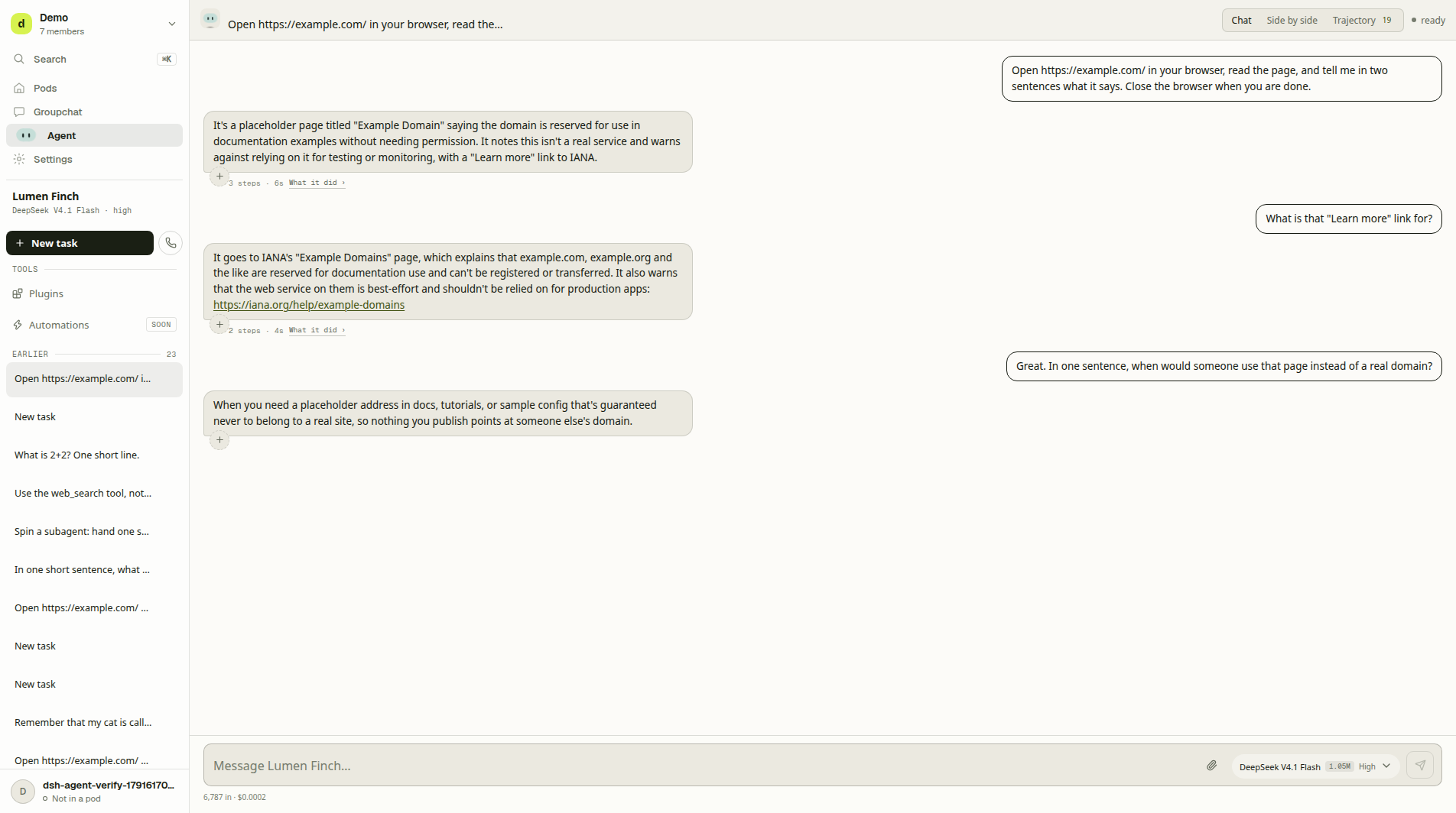A companion working in its own panel while the person talks to it from the chat beside it.