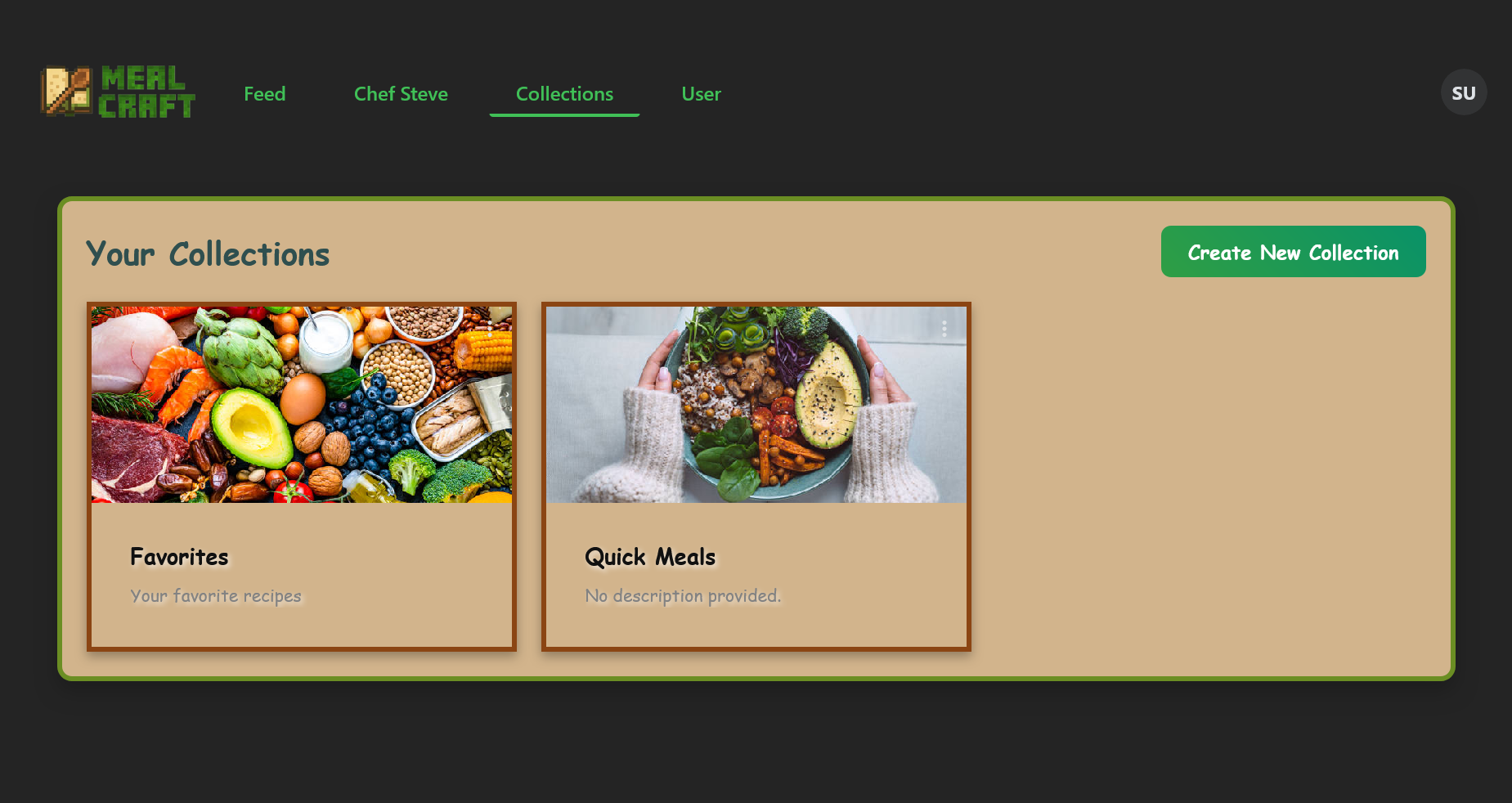 User collections page displaying saved recipes organized in custom collections