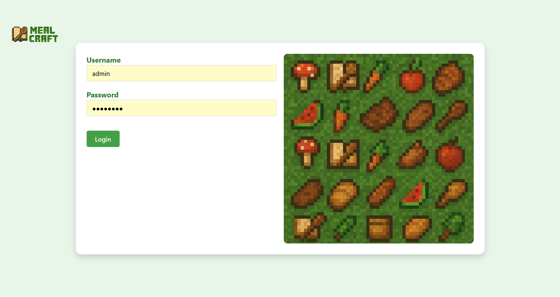 Meal Craft login screen with user authentication interface