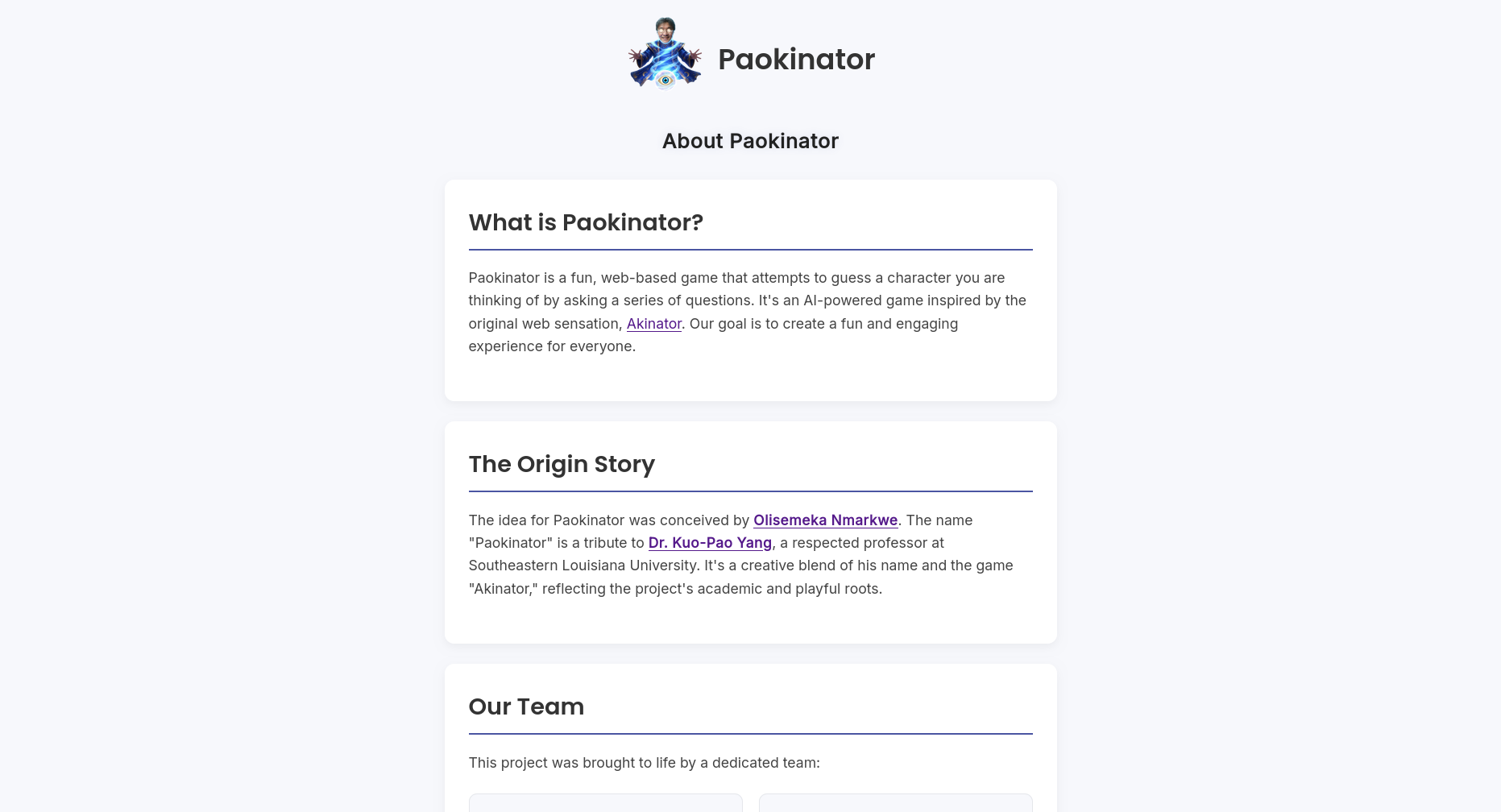 The about page of the Paokinator game.