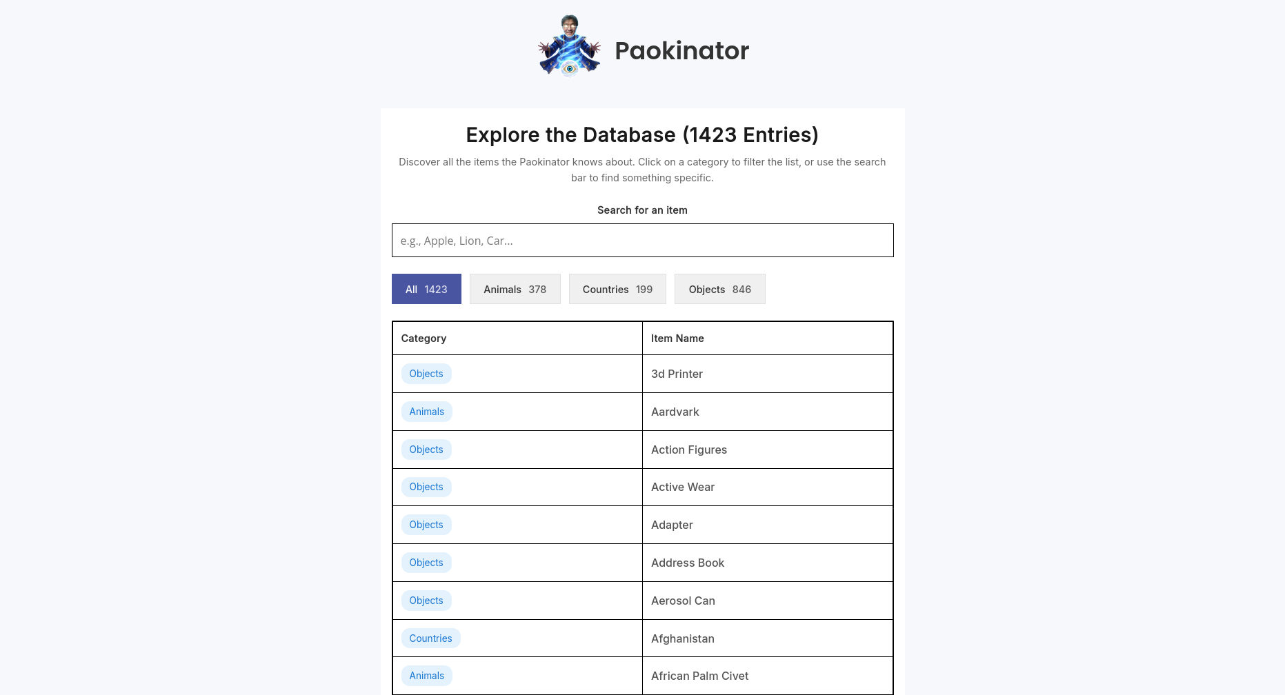 The database exploration page of the Paokinator game.