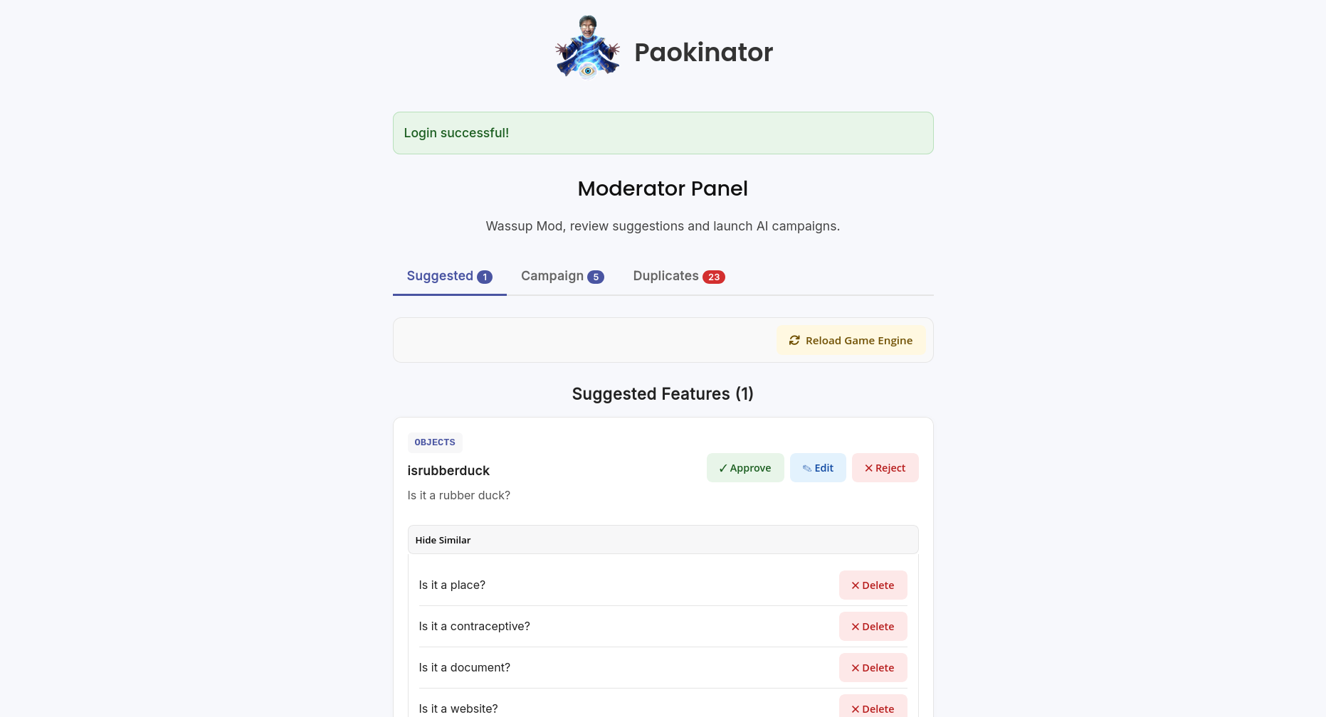 The moderator page of the Paokinator game.