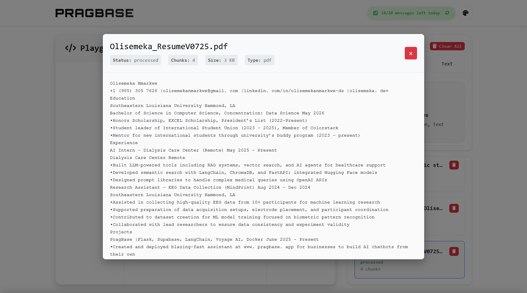 Document parsing interface showing PDF processed to just text